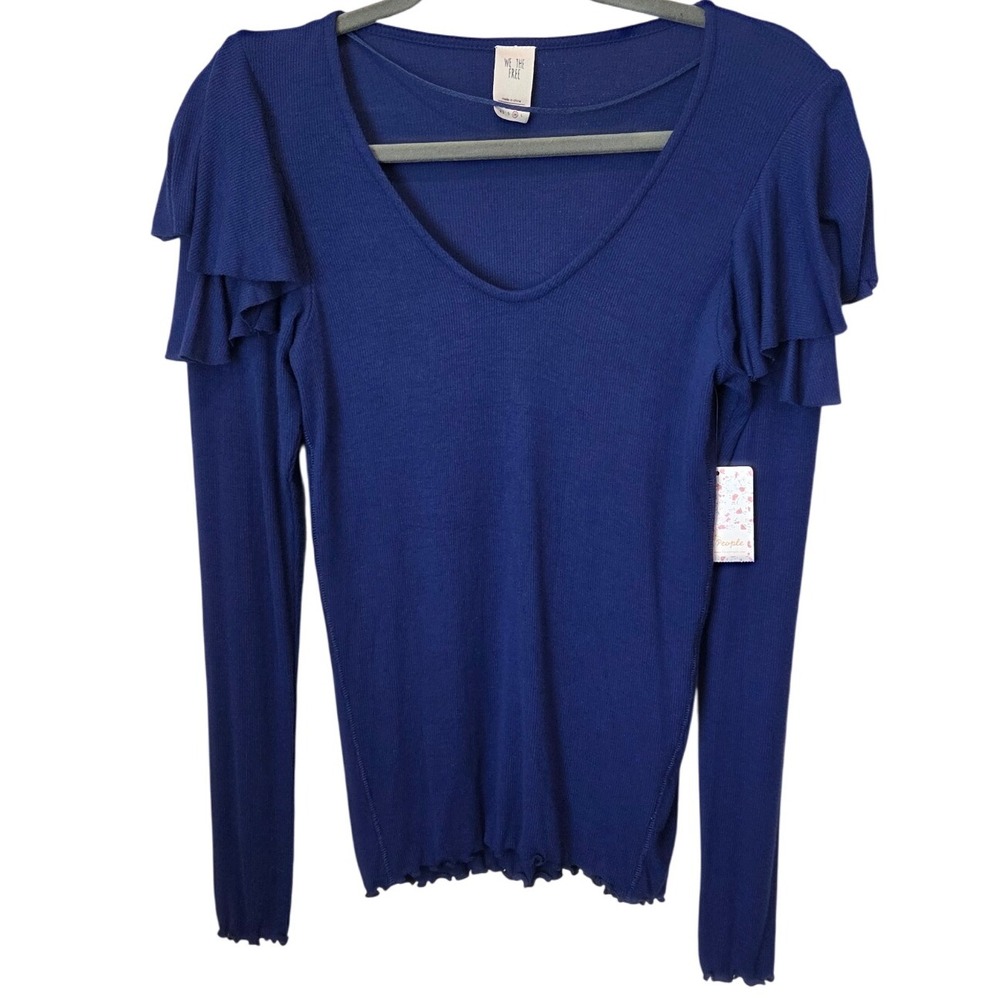We The Free People Ruffle Long Sleeve V Neck Top Ribbed Knit Blue Medium M - Picture 2 of 12